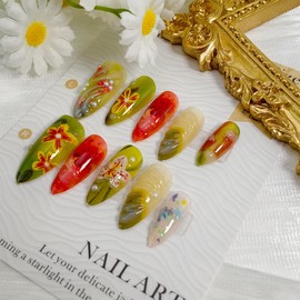 24Pcs Colorful Flower Press on Nails Almond Medium Fake Nails 3D Pearl Floral False Nails Green Full Cover Summer Glue on Nails Retro Flowers Artificial Stick on Nail Cute Acrylic Nail for Women