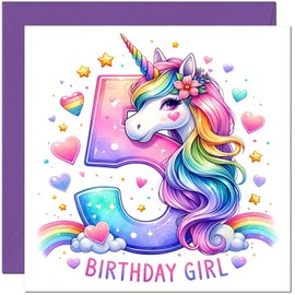 5th Girls Birthday Cards - Rainbow Heart Unicorn Numbers Unicorn Birthday Card for 5 Year old Kids five, fifth