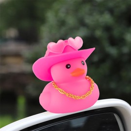 wonuu Car Cowboy Rubber Ducks, Dashboard Decorations Pink Duck for Car Ornament Accessories with Hat Heart Glasses Chain, Pink