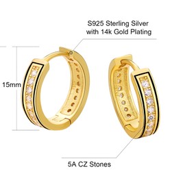 KRKC&CO Silver Hoop Earrings for Men, S925 Sterling Silver Mens Earrings 15mm, Iced Out Black Hypoallergenic 5A CZ Stones, Bling Jewelry for Man Homme(Iced Line-14K Gold Plated)