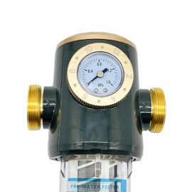 High Flow 40 Micron Spin Down Sediment Filter with Pressure Gauge, 3/4 Inch Brass NPT & PPR 20-25 Adapters, Rotatable Self-Cleaning Flush Scraper with Timer Mark, Includes 60cm Outlet Hose