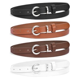 XZQTIVE 4 Pieces Women Thin Leather belt for Dress Pant Jeans Short Skinny Waist Belts With Silver Circle Buckle, Black+Brown+Coffee+White