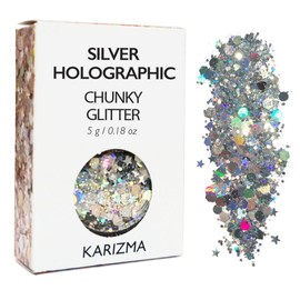 KARIZMA Holographic Silver Body Glitter. 10g Chunky Face Glitter, Hair Glitter, Eye Glitter and Body Glitter for Women. Rave Glitter, Festival Accessories, Cosmetic Glitter Makeup. Loose Glitter Set