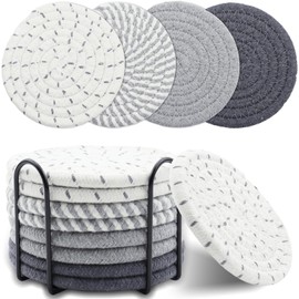 8 Pcs Drink Coasters with Holder, Minimalist Cotton Woven Coaster Set, 4 Colors Absorbent Coaster Protection Protection for Home Decor Tabletop Protection Suitable for Kinds of Cups, 4.3 In (Gray)
