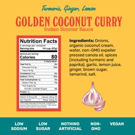Brooklyn Delhi Golden Coconut Curry - Indian Simmer Sauce with Turmeric, Ginger, Lemon, & Coriander - 12 Ounces - Mild Enough for a kid, Flavorful Enough for a Foodie - Vegan - No Artificial Additives