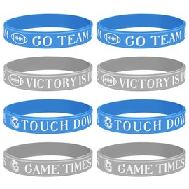 8 PCS Football Blue and Gray Bracelet, GO TEAM GAME TIMES TOUCH DOWN and ANYTHING IS POSSIBLE White text Wristband for Football Birthday Sport Party Favors Church Activities for Fans Team Gifts