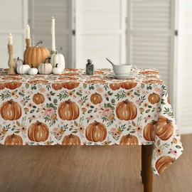 Horaldaily Fall Tablecloth 60x120 Inch Rectangular, Thanksgiving Autumn Harvest Watercolor Orange Pumpkin Pink Flower Table Cover for Party Picnic Dinner Decor