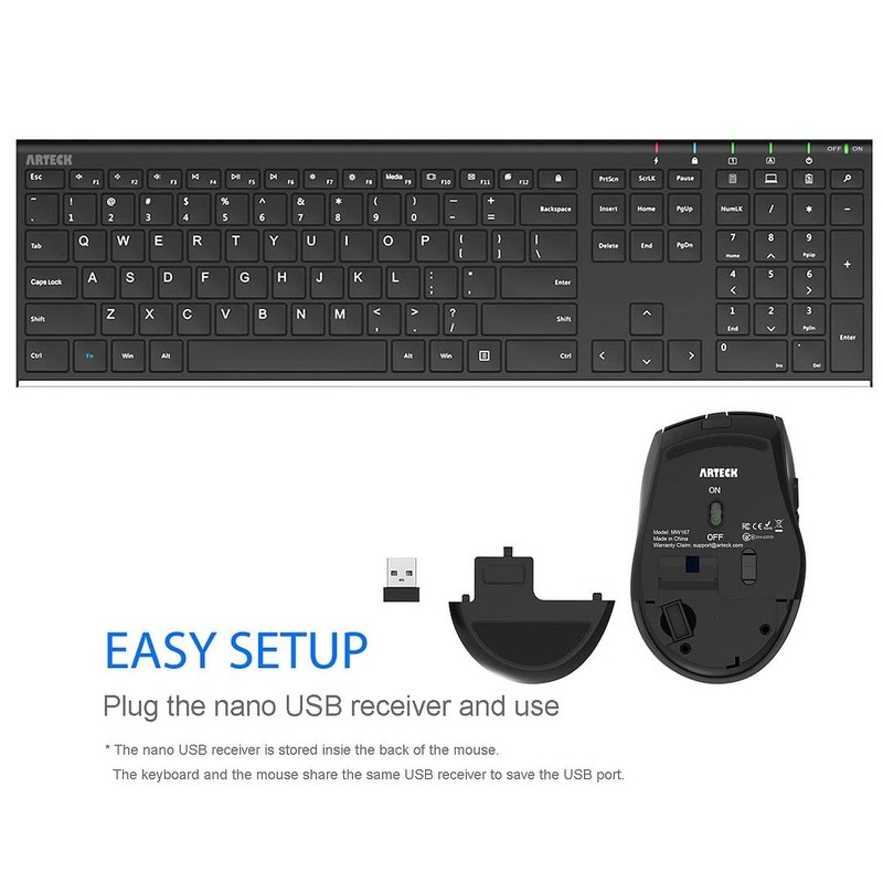 Arteck 2.4G Wireless Keyboard and Mouse Combo Stainless Full Size