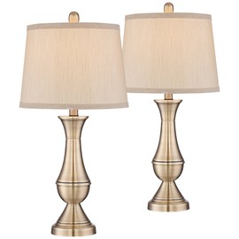 Regency Hill Becky Traditional Table Lamps 24.75" High Set of 2 Antique Brass Gold Metal Beige Tapered Drum Shade Decor for Living Room Bedroom House Bedside Nightstand Home Office Entryway