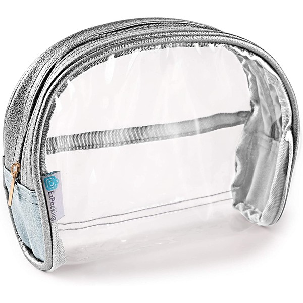 Half Moon Bag / Small & Cute Clear Cosmetic Pouch for Purse / Transparent & Portable TSA Compliant Clear Quart Bag for Travel / Simple and Plain See-Through Clutch or Handbag for Makeup / Made From Trendy Vegan Leather, Vinyl PVC & Suede