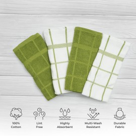 Mellow Buff Toallas de cocina de rizo 100% algodón, paquete de 4 unidades de 16 x 26 pulgadas, súper suaves y absorbentes, perfectas para limpiar la cocina y lavar platos, color verde