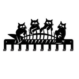 SUPERDANT 4 Cat with Fish Bone Key Holder Kitten Eats Fish Key Hangers Decorative Hooks Stainless Steel Wall Hooks Black Key Rack with 10 Hooks for Key Towel Umbrella 11.5x25cm
