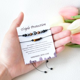 2Pcs Triple Protection Bracelets Black Obsidian and Tiger Eye Evil Eye Bracelets Adjustable Natural Stone Jewelry for Women Men Gifts for Him Her