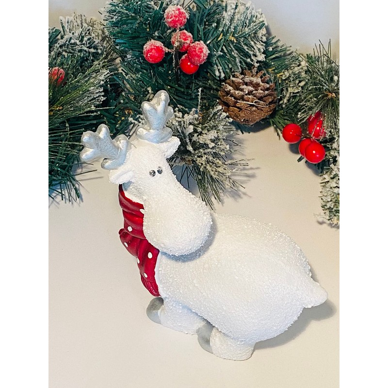 White Reindeer with Red Spotty Scarf Christmas Ornament (STANDING DEER