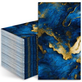 Whaline Marble Guest Paper Napkin Blue Gold Marbleized Disposable Guest Hand Towel Bathroom Napkin for Home Bathroom Kitchen Table Decor, 50Pcs