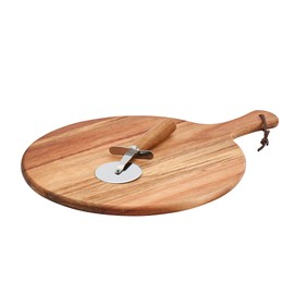 Tabletops Gallery Acacia Wood Pizza Cutting Serving Board and Pizza Wheel Cutter, 2-Piece Set for Homemade Pizzas Charcuterie Entertaining