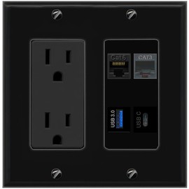 Wall Plate City CAT6 PHONE USB-3 USBC Port Wall Plate Black w Power Outlet