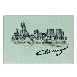 Ambesonne Chicago Skyline Cutting Board, Vintage Artwork of American City in Hand Drawn Style Sketchy Effects, Decorative Tempered Glass Cutting and Serving Board, Small Size, Black Cream