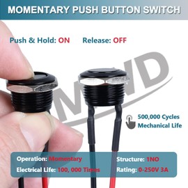 DMWD 2pcs 12mm Super Short Metal Momentary Push Button Switch Waterproof Anti-Vandal Black Shell 1/2" Mounting Hole 12V 24V 110V (ON)-Off 2Pins 1NO High Head