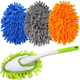 Windshield Cleaning Tool, Portable Car Interior Feather Duster, 13-inch Handle, 4 Microfiber Replacement Heads, Auto Cleaning Tools, Dusters for Windshield, Trucks, SUVs, RVs, and Home Windows