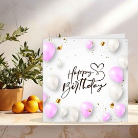 Happy Birthday Card Pink White Balloons for mum dad son daughter 145 x 145mm