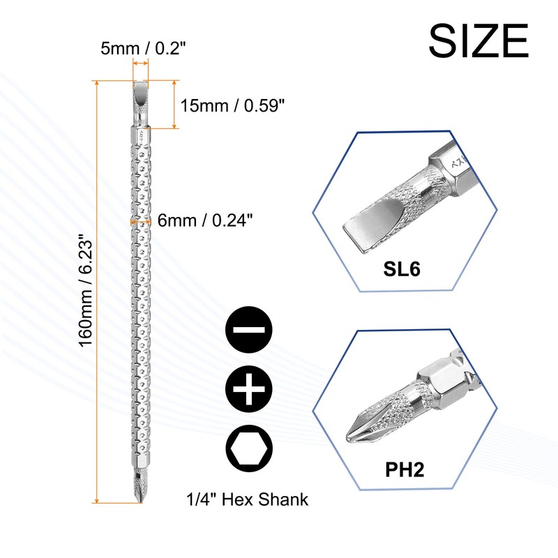 sourcing map Magnetic Double Ended Screwdriver Bit PH2/SL6 5x160mm 1/4"