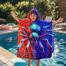 Kids Hooded Beach Towels Wrap for 2-6 Years,Cute Spider Theme Boys Swim Cover Up for Bathroom，22"x26" Quick Dry Blue Bath Towel Poncho,Perfect for Travel Vacation,Pool Party,Swimming
