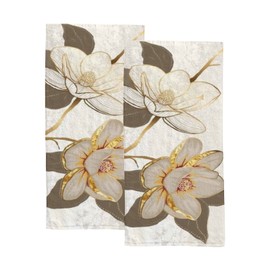 Kuizee Microfiber Hand Towel Face Towels Set of 2 Luxury White Magnolia Foil Metallic Golden Quick-Dry Highly Absorbent Ultra Soft Bathroom Kitchen 30X15 Inch