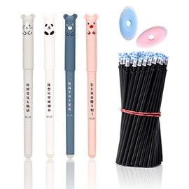 4 Pcs 0.35mm Cute Erasable Pens Black With 50 Pcs Refills and 2 Pcs Erasers Cartoon Design Erasable Gel Pens Rub Out Pens Black for Adult Kids Writing Bullet Journal Note Taking School Office Supplies