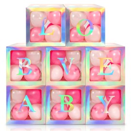 Geyee 8 Pieces Clear Baby Shower Boxes with Letters for Balloons, Transparent Block with 78 Letters/ 3-Sets of A-Z for Bride Shower, Baby Shower Wedding Supplies, Birthday Decor Boxes(Rainbow Silver)