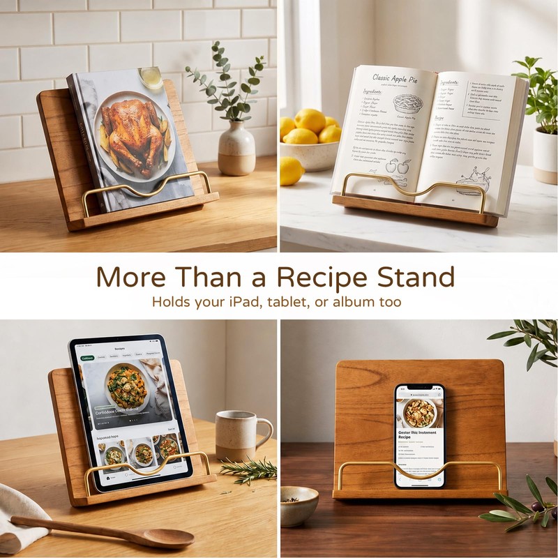 Cookbook Stand Holder for Kitchen Counter Decor - Wooden Recipe