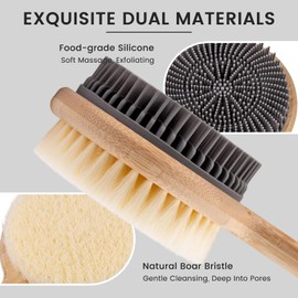 Back Scrubber for Shower - Double-Sided Silicone and Super-Dense Bristles for Deep Cleaning & Exfoliation, Bamboo Long Handle with Wider Anti-Slip Grip, Body Exfoliator for Wet or Dry Brushing