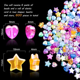600 Pcs AB Acrylic Heart Beads Star Beads for Jewelry Making 10mm with 1 Roll of Cord Assorted Star Spacer Beads Acrylic Beads Cute Plastic Charming Beads for Jewelry DIY Craft Bracelet Making