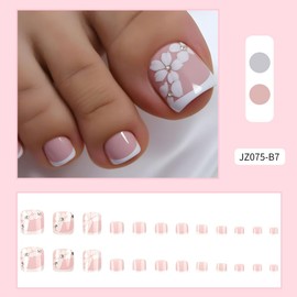 Flower Press on Toenails Short Square Fake Toenails with Rhinestone Design White French Tips False Toenails Glossy Skin Tones Stick on Toenail Summer Glue on Toenail for Women Girls Manicure 24Pcs