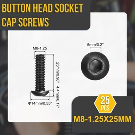 DTGN M8-1.25x25mm Button Head Socket Cap Screws - 25Pack - Good for Road Bicycle, Mountain Bike, Auto, Motorcycle - Carbon Steel Black Oxide - Hex Drive Fasteners