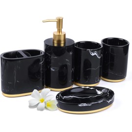 5-Piece Bathroom Counter Top Accessory Set - Dispenser for Liquid Soap or Lotion, Soap Dish, Toothbrush Holder and 2 Tumblers, Gold Base, Marble Pattern Resin (Black)