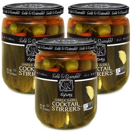 Garlic and Dill Cocktail Stirrers - Pickles, Green Olives, Red Bell Peppers, Carrots Pickled Vegetables for Cocktail Garnish, Martinis, Bloody Mary Condiments - Sable and Rosenfeld, 16 Fl oz (Pack 3)