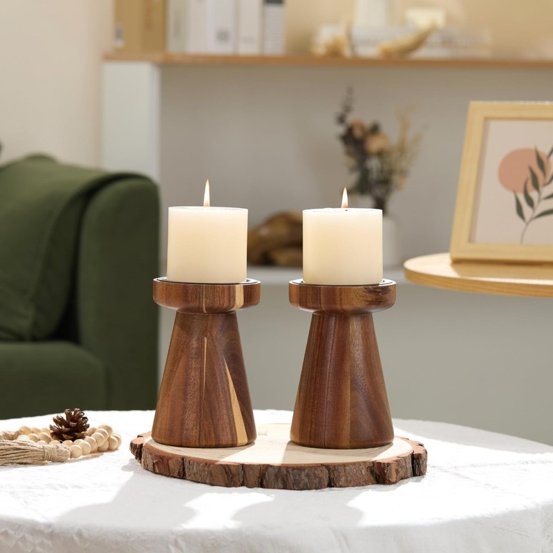 Rustic Acacia Wood Pillar Candle Holder