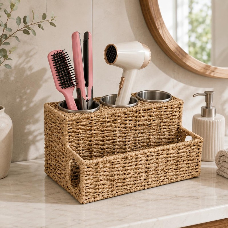 Hair Tool Organizer Countertop with 3 Stainless Steel Cups, Woven