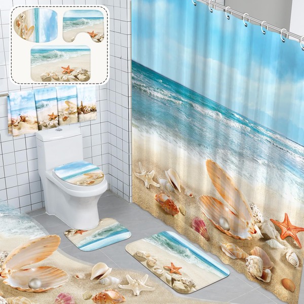 FuWeave 8 Pcs Summer Beach Shower Curtain Set Bathroom Decor