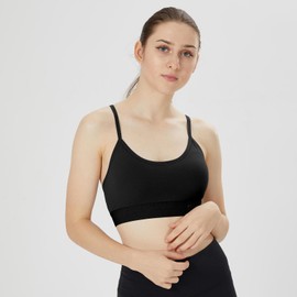 KHUKE Women's Scoop Neck Adjustable Thin Straps Supportive Wireless Yoga Workout Sports Bra (Large, Black)