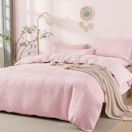 JELLYMONI Duvet Cover Twin Size Waffle Weave Duvet Cover Set Pink 3PCS Soft Microfiber Tufted Textured Breathable Knitted Jacquard Striped Comforter Cover with Corner Ties & Zipper Closure