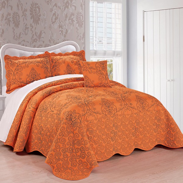 Home Soft Things Damask 4 Piece Bedspread Set, Scalloped Edge Reversible Quilt Coverlet Comforter Prewashed Bedding Set, Matelasse Embossed Floral Solid Pattern,Nectarine Oversize Queen(110" x 120")