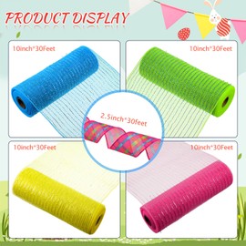Unittype 5 Rolls Easter Poly Mesh Ribbons and Wired Edge Ribbons, 10 Inch x 10 yd Easter Metallic Mesh Ribbon 2.5 Inch x 10 yd Pink Easter Satin Plaid Ribbon for DIY Craft Basket Party Gift Decoration