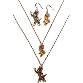TCB Creations Classic Cat and Mouse Jerry and Tom Cartoon Characters Charm Pendant Necklaces And Earrings Set