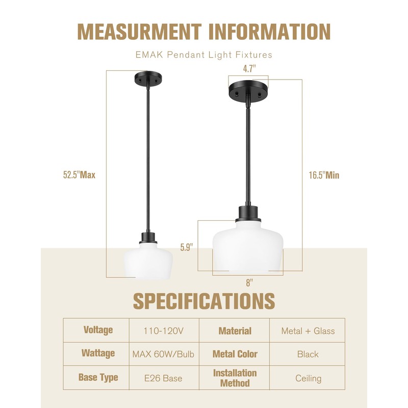 Emak Modern 8 Inch Black Pendant Light, Farmhouse Pendant Lighting