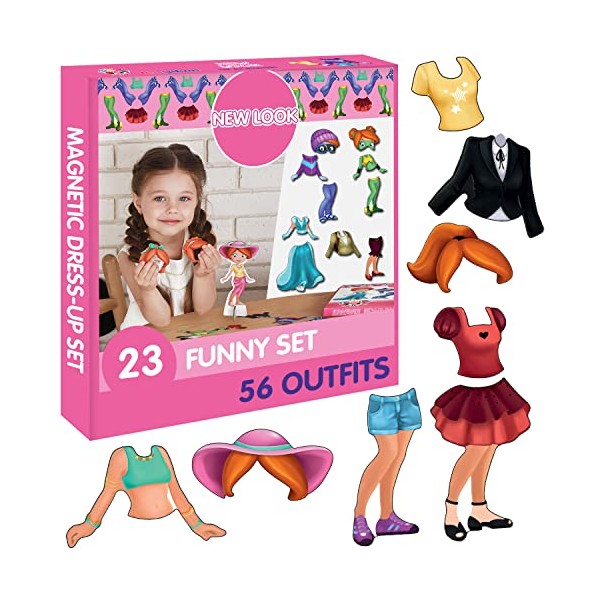 magdum NEW Look - Dress-Up Magnetic Play Set - 23 PCS Magnetic Dress - Up Pretend Play Doll Set with 56 Outfits - Game set for girls