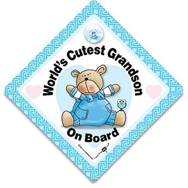 World's Cutest Grandson On Board Car Sign, Baby on Board Sign, Grandchild On Board Car Window Sign Designed to Let Other Road Users Baby is in The Car, 14 cm x 14cm x 2cm