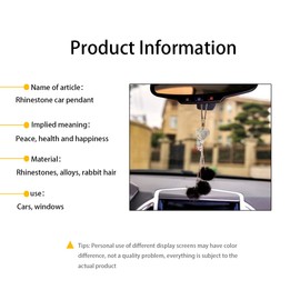 Bling Car Accessories for Women Men, Diamond Heart and Fuzzy Plush Ball, Rhinestones Diamond Car Rear View Mirror Ornaments, Lucky Hanging Pendant Interior Charm Decor for Car (Black)