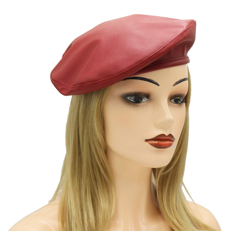 Umeepar Womens Classic Pu Leather French Beret Hat(Red)